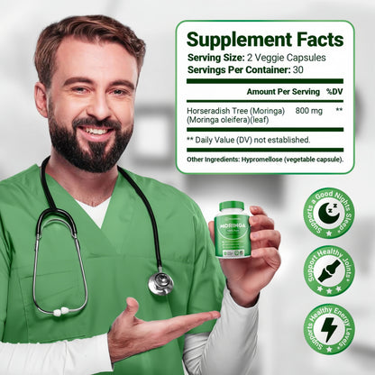 Rosabella Moringa+ Capsules - Pure Moringa Powder, Energy, Skin, Immune & Gut Health Superfood, Rich in Antioxidants, Essential Vitamins & Amino Acids, Natural Green Superfood Supplement - 60 Count