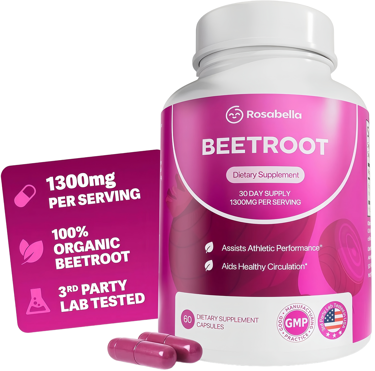Rosabella Organic Beet Root Capsules - 1300mg Beet Root Powder Aids Healthy Circulation & Vitality, Non-GMO, Beet Root Supplement - 60 Capsules, 30-Day Supply